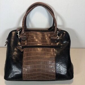 Giani Bernini Brown Croc Embossed Black Faux Leather Satchel Handbag Purse